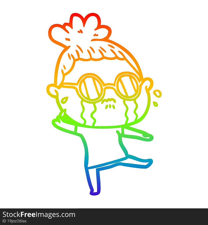 Rainbow Gradient Line Drawing Cartoon Crying Woman Wearing Spectacles