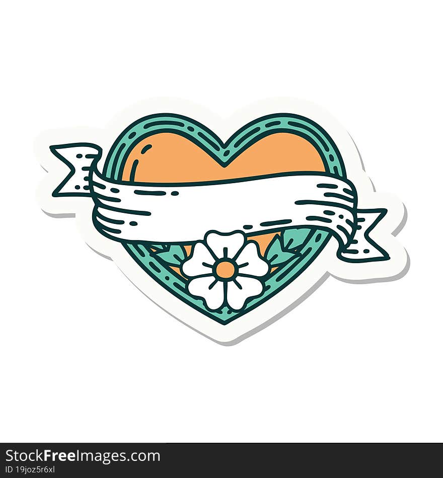 sticker of tattoo in traditional style of a heart and banner with flowers. sticker of tattoo in traditional style of a heart and banner with flowers