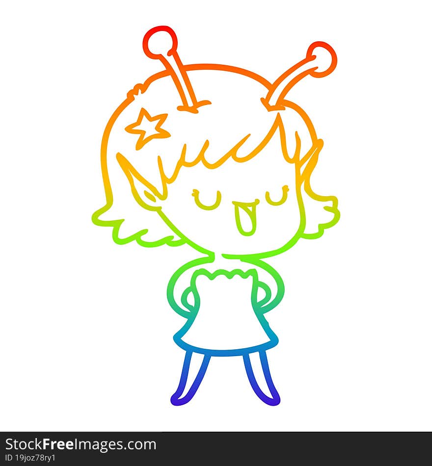 rainbow gradient line drawing happy alien girl cartoon