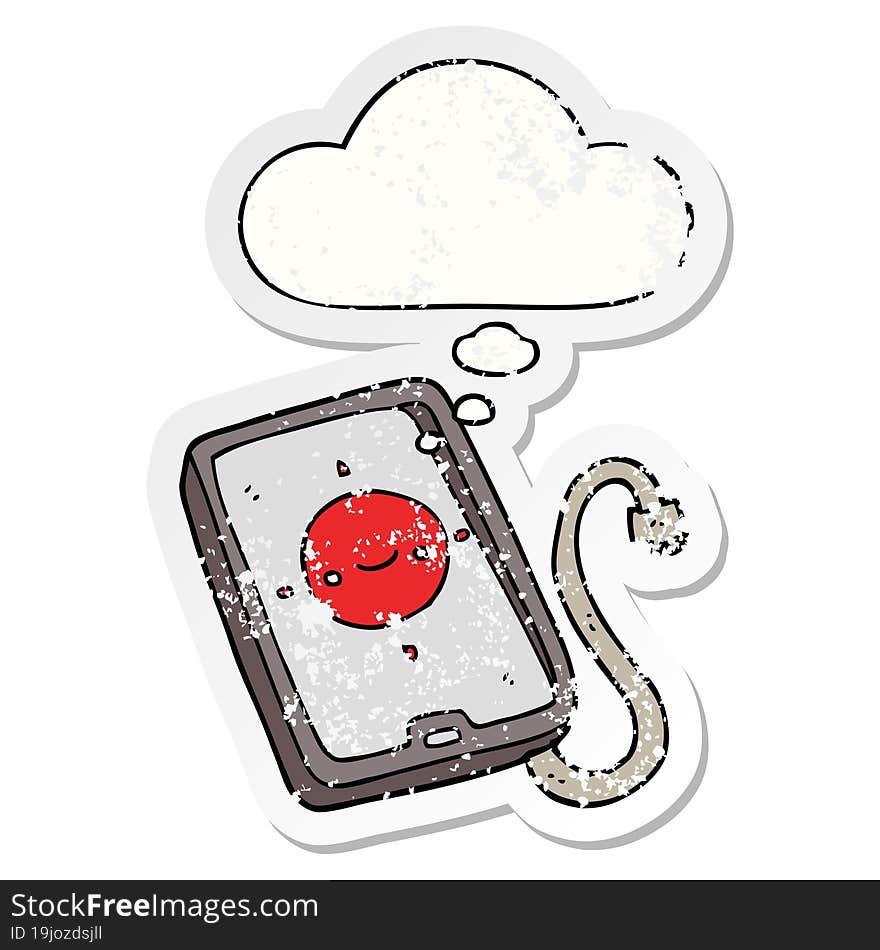 cartoon mobile phone device and thought bubble as a distressed worn sticker