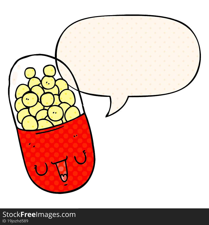 cartoon medical pill with speech bubble in comic book style