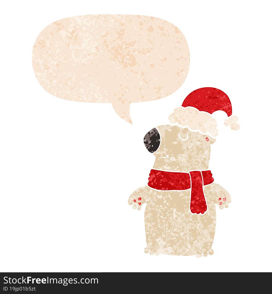 cute cartoon christmas bear and speech bubble in retro textured style