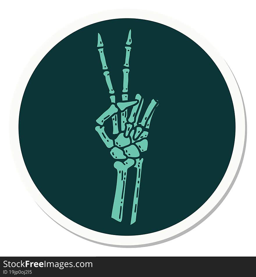 tattoo style sticker of a skeleton hand giving a peace sign