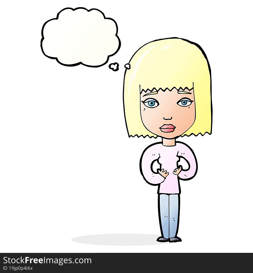 cartoon woman indicating self with thought bubble