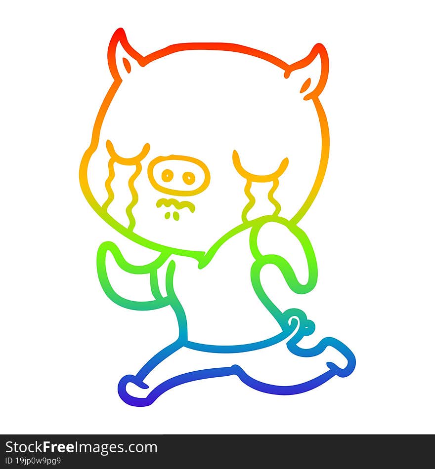 rainbow gradient line drawing of a cartoon pig crying running away