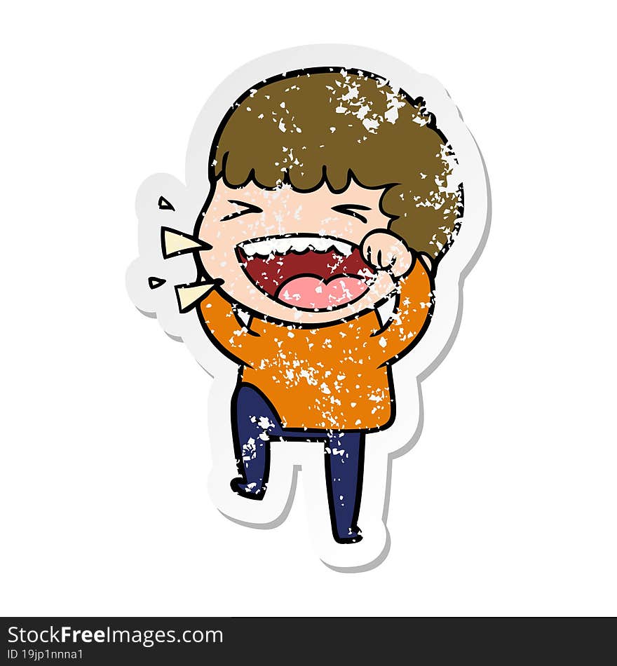 distressed sticker of a cartoon laughing man