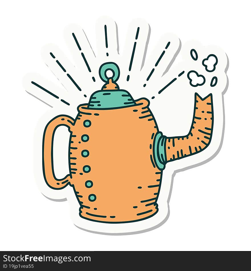 sticker of tattoo style old coffee pot steaming