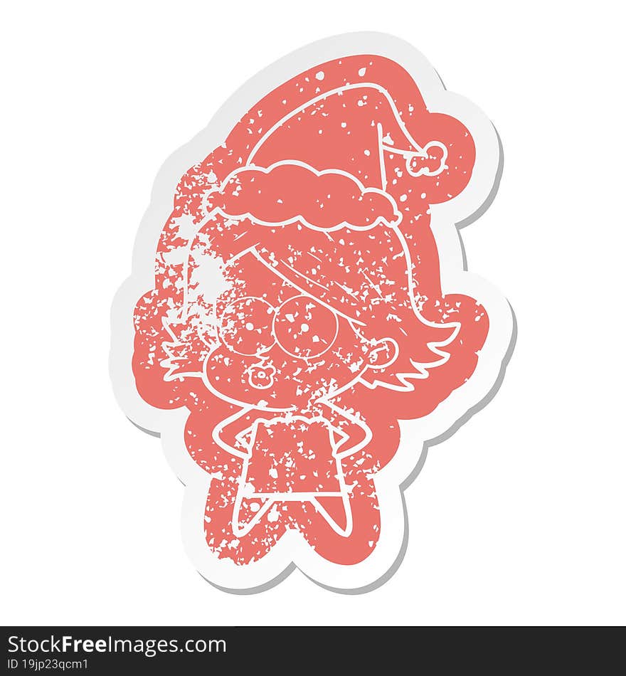 cartoon distressed sticker of a girl pouting wearing santa hat