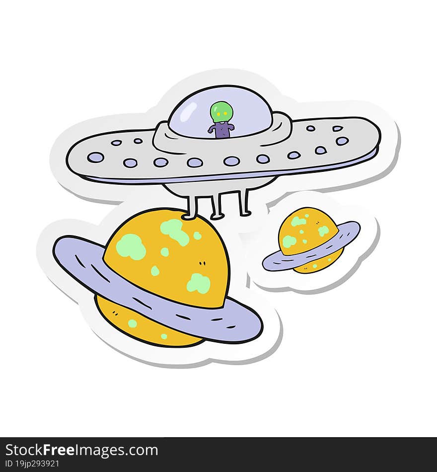 sticker of a cartoon flying saucer in space