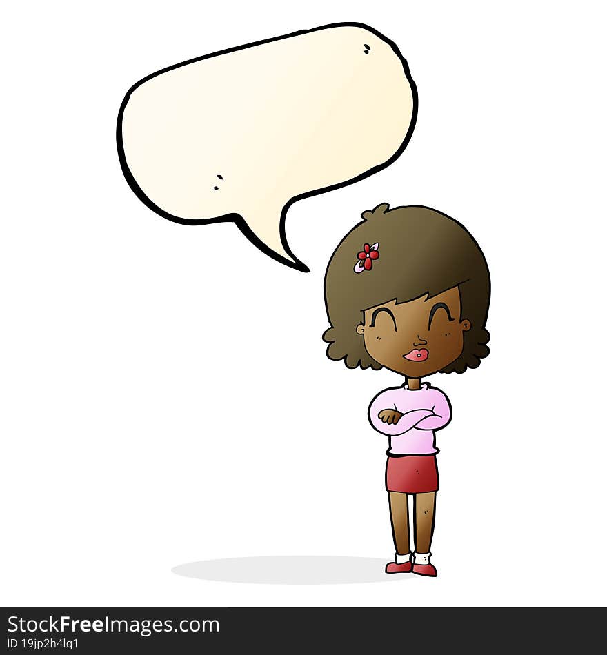 cartoon happy woman with folded arms with speech bubble