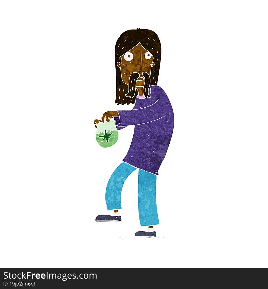 cartoon hippie man with bag of weed