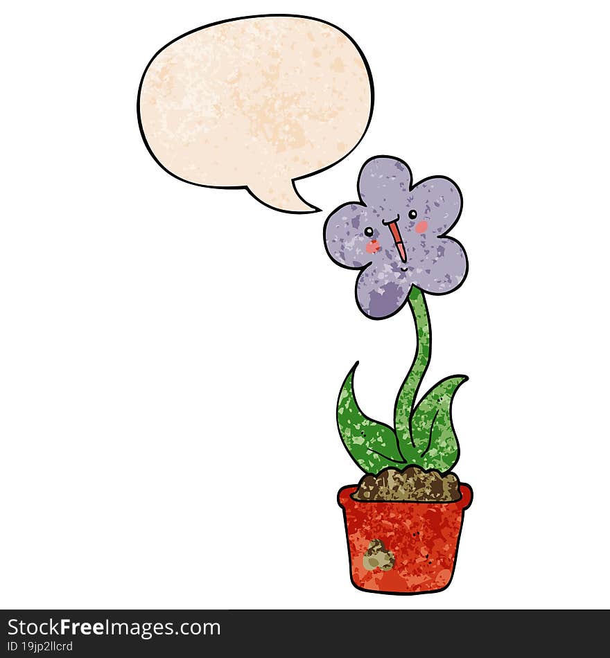 cute cartoon flower with speech bubble in retro texture style