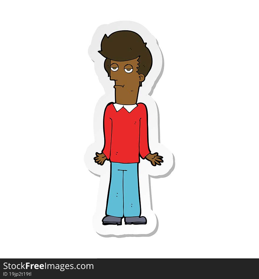 sticker of a cartoon bored man shrugging shoulders