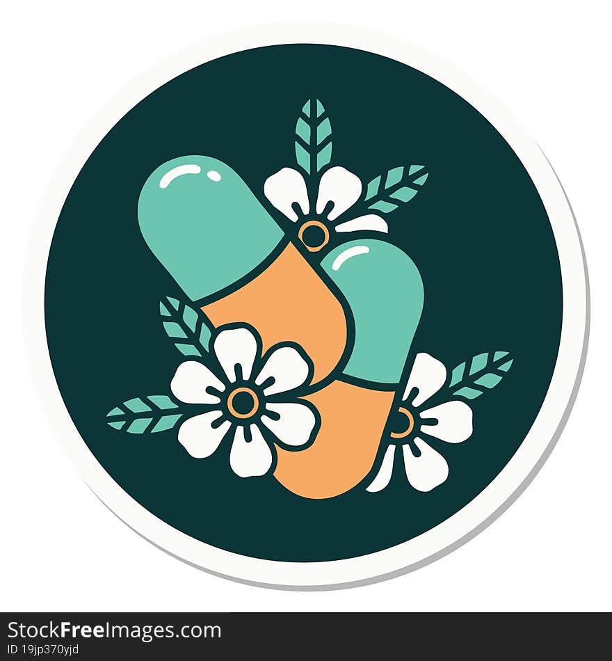 Tattoo Style Sticker Of Pills And Flowers