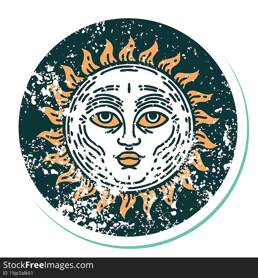 iconic distressed sticker tattoo style image of a sun with face. iconic distressed sticker tattoo style image of a sun with face