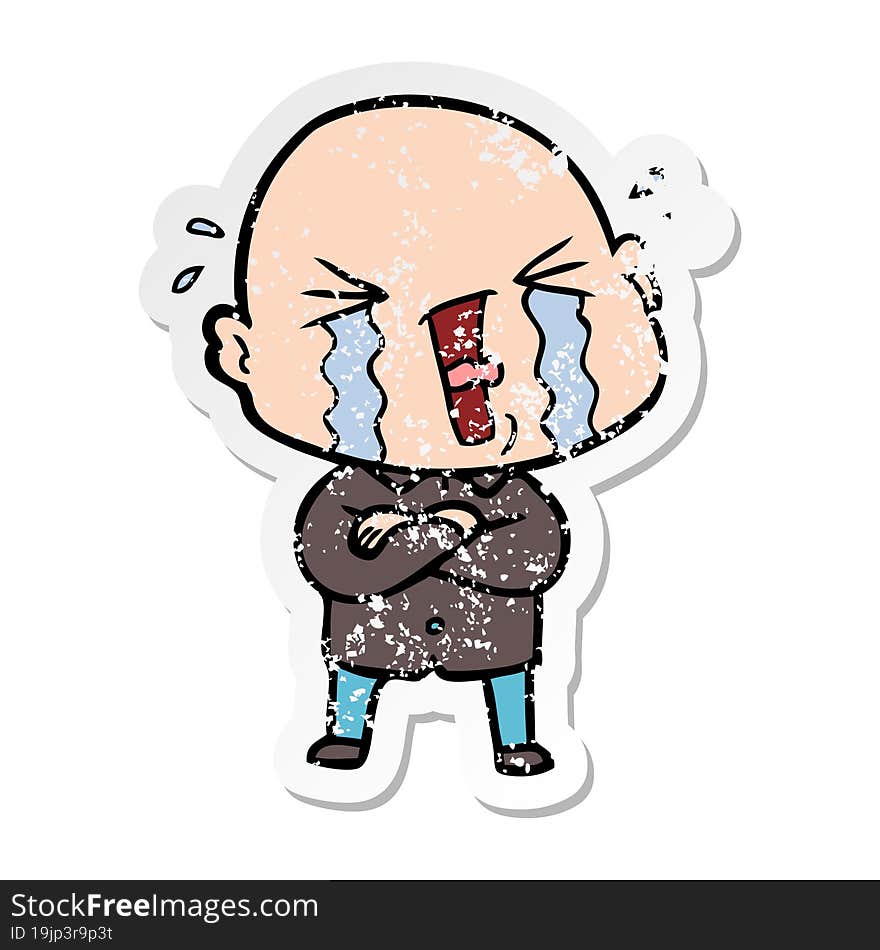 Distressed Sticker Of A Cartoon Crying Bald Man