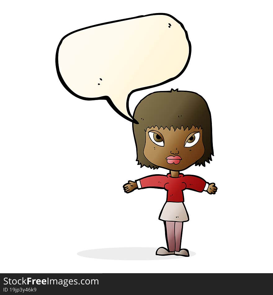 cartoon woman with outstretched arms with speech bubble