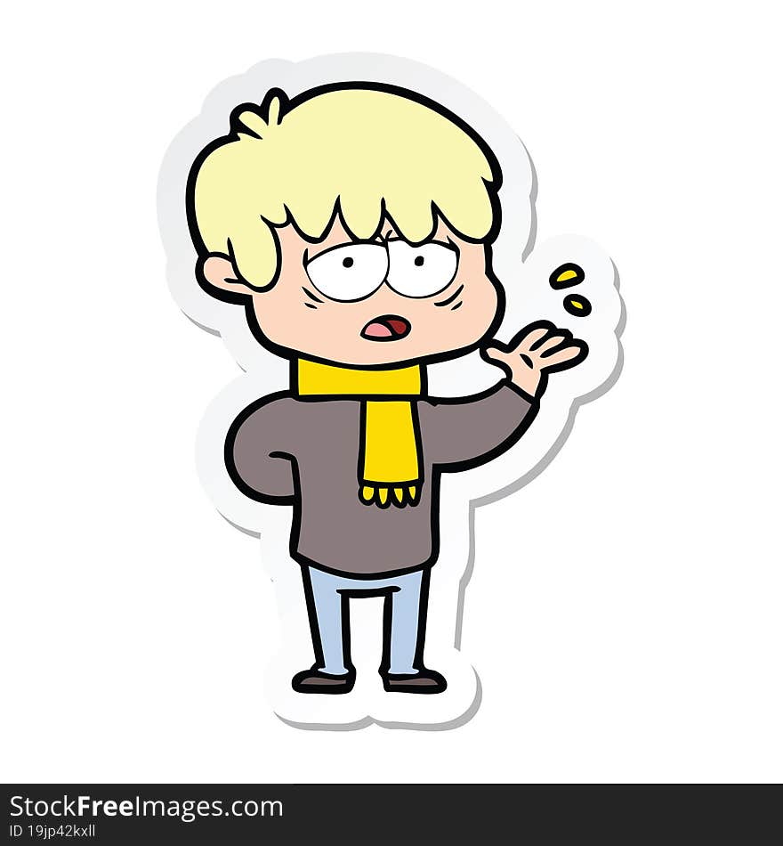 sticker of a cartoon exhausted boy