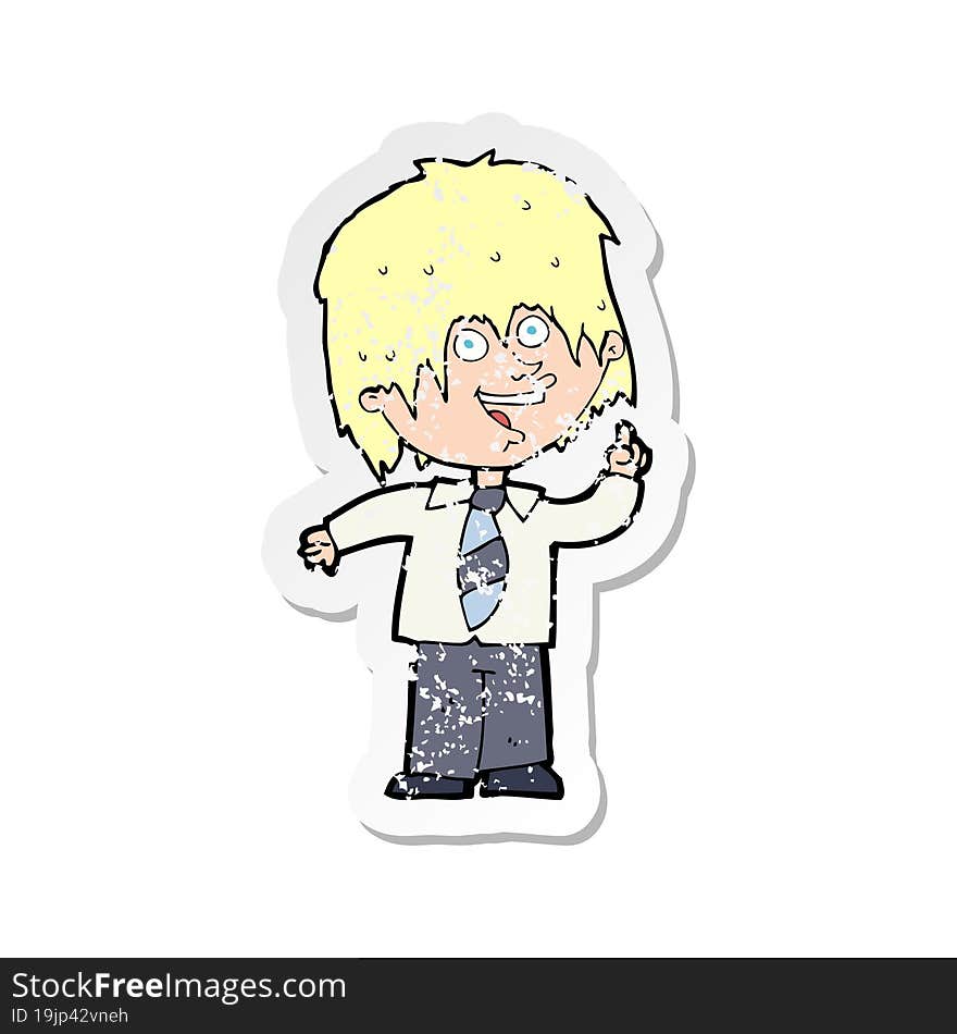 retro distressed sticker of a cartoon school boy with idea