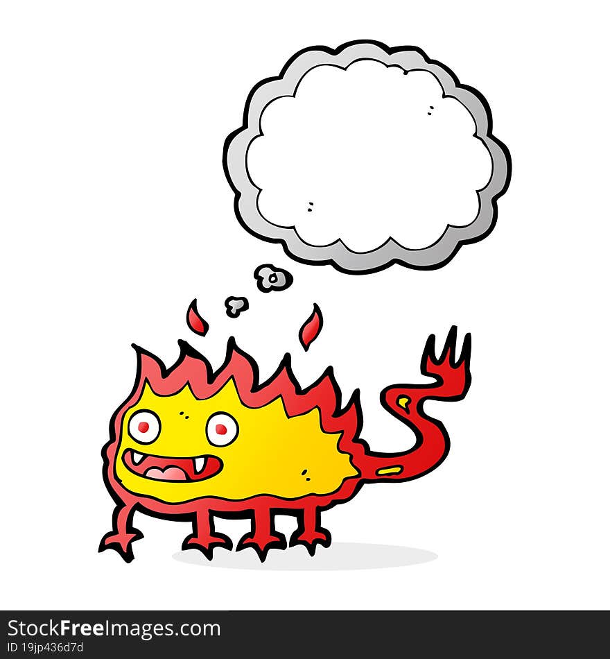 cartoon little fire demon with thought bubble