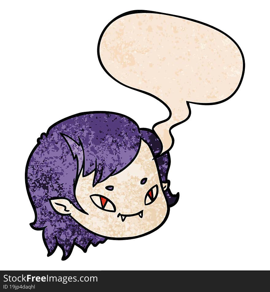 cartoon vampire girl face with speech bubble in retro texture style