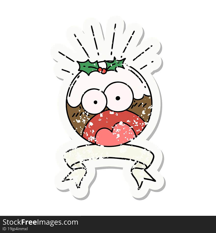 grunge sticker of tattoo style shocked christmas pudding