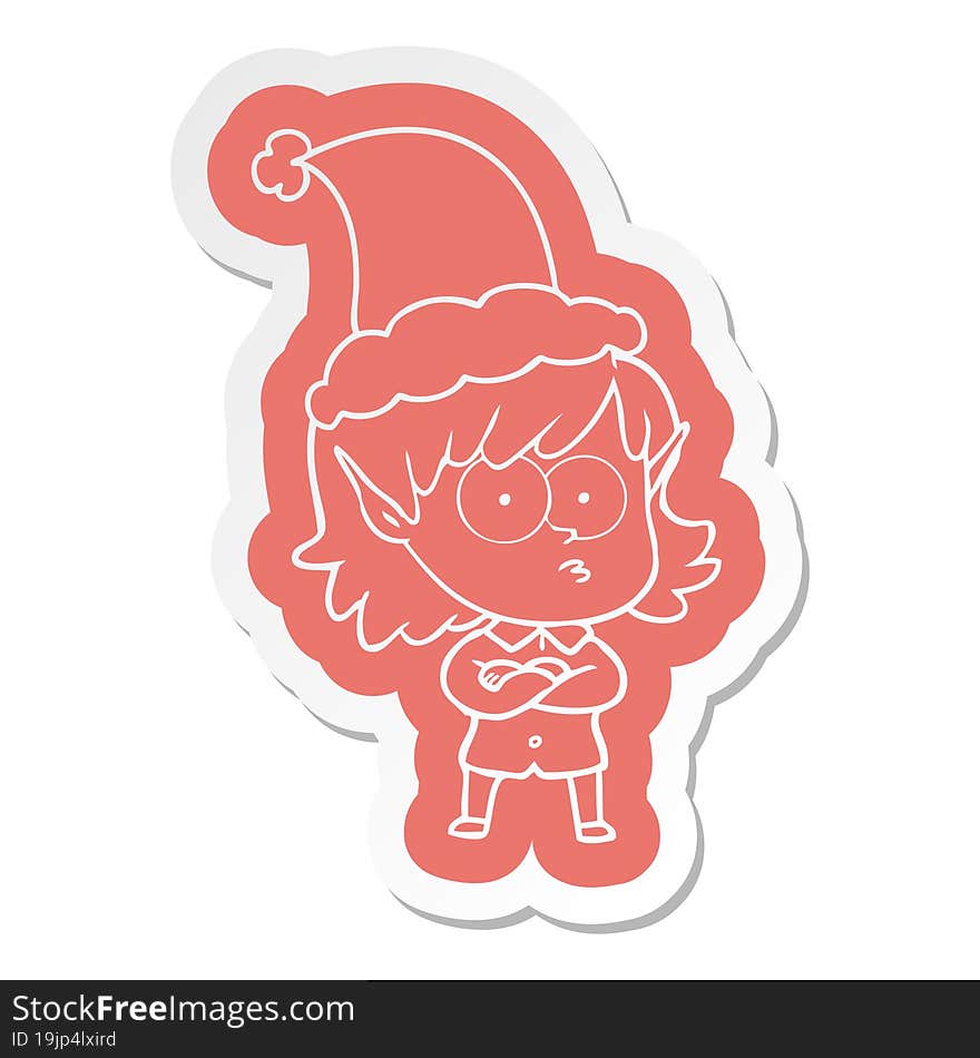 cartoon  sticker of a elf girl staring wearing santa hat