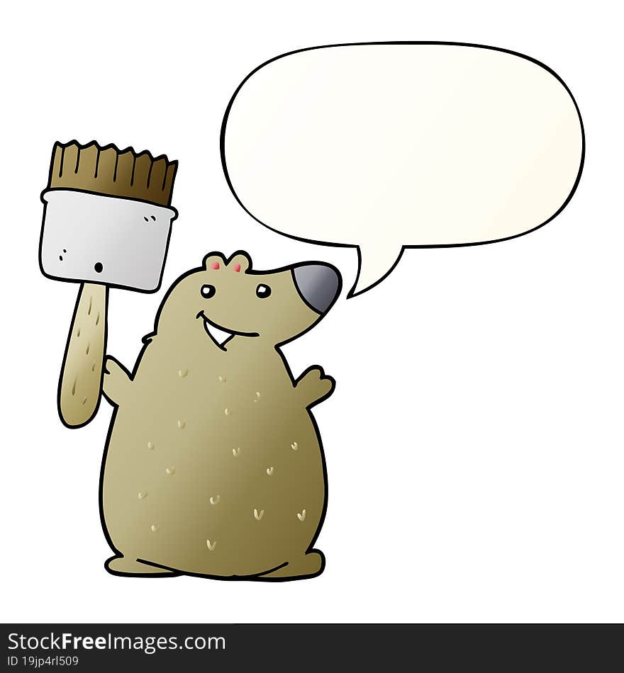 Cartoon Bear And Paint Brush And Speech Bubble In Smooth Gradient Style