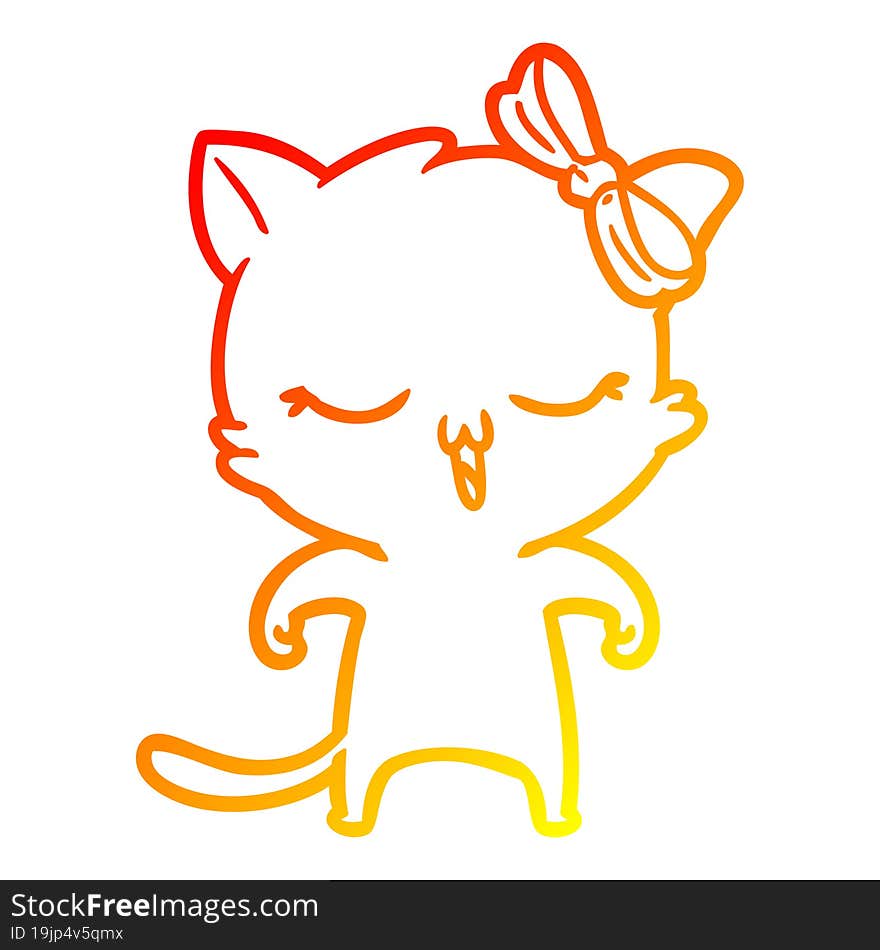 Warm Gradient Line Drawing Cartoon Cat With Bow On Head