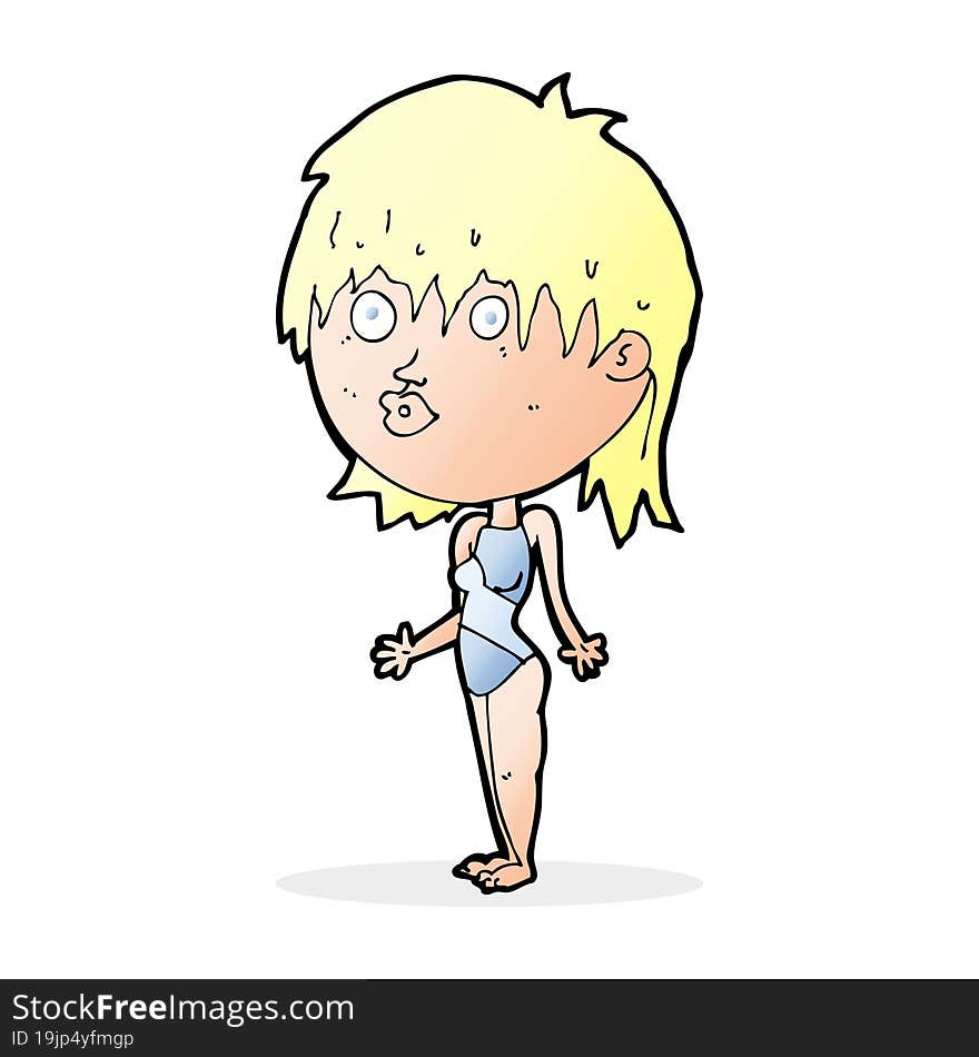 cartoon woman in swimsuit shrugging shoulders