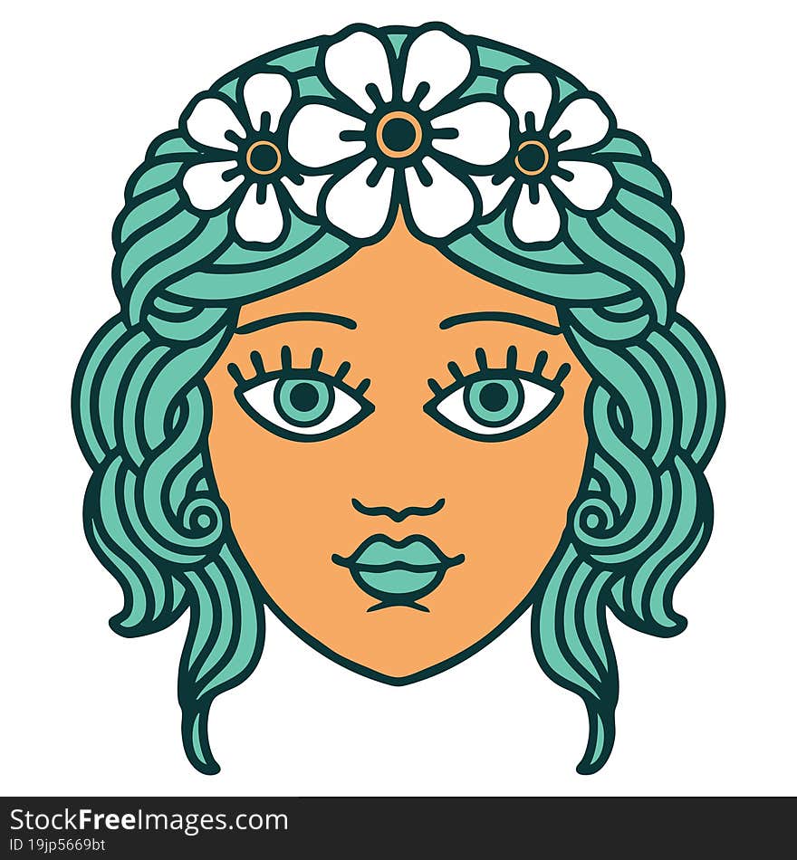 tattoo style icon of female face with crown of flowers