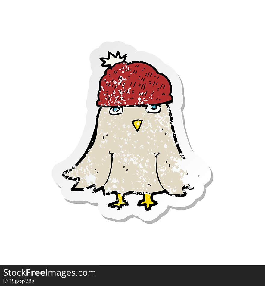 retro distressed sticker of a cartoon owl wearing hat