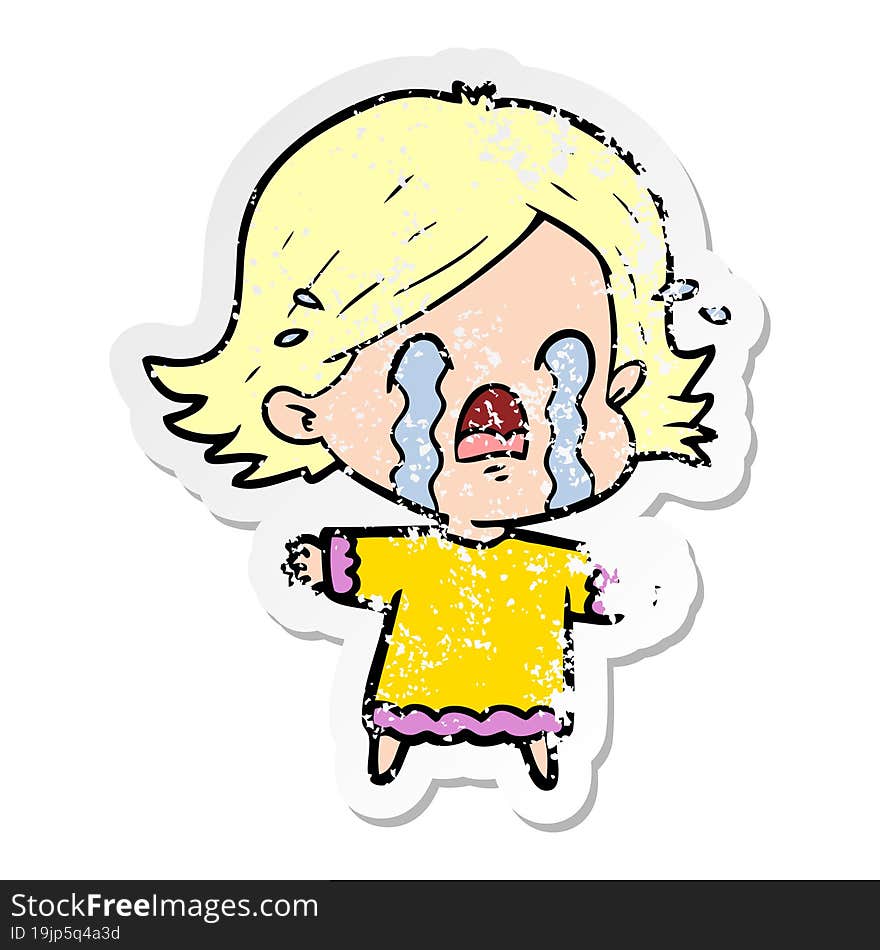 distressed sticker of a cartoon woman crying