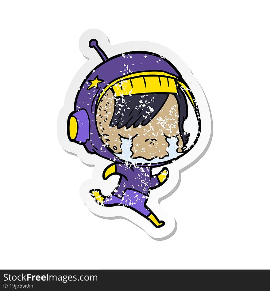 distressed sticker of a cartoon crying astronaut girl