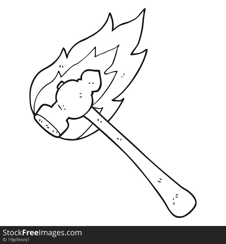 black and white cartoon flaming hammer