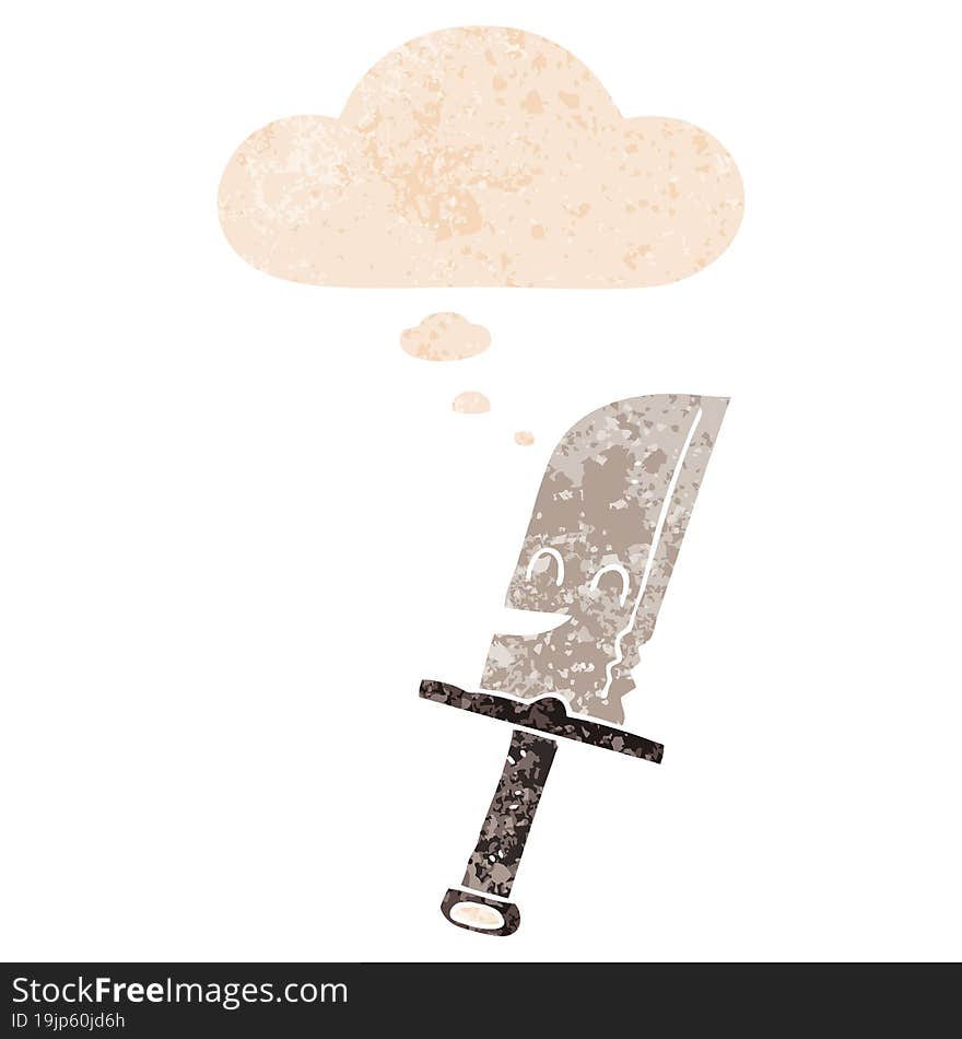 cartoon knife and thought bubble in retro textured style