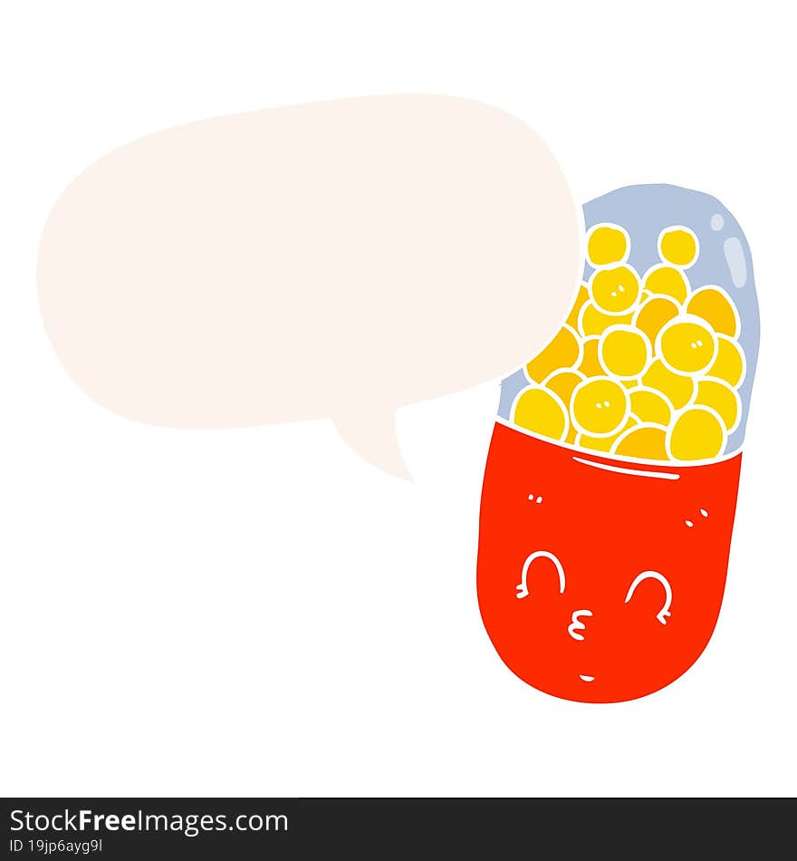 cartoon pill and speech bubble in retro style