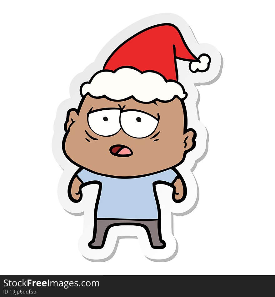 Sticker Cartoon Of A Tired Bald Man Wearing Santa Hat