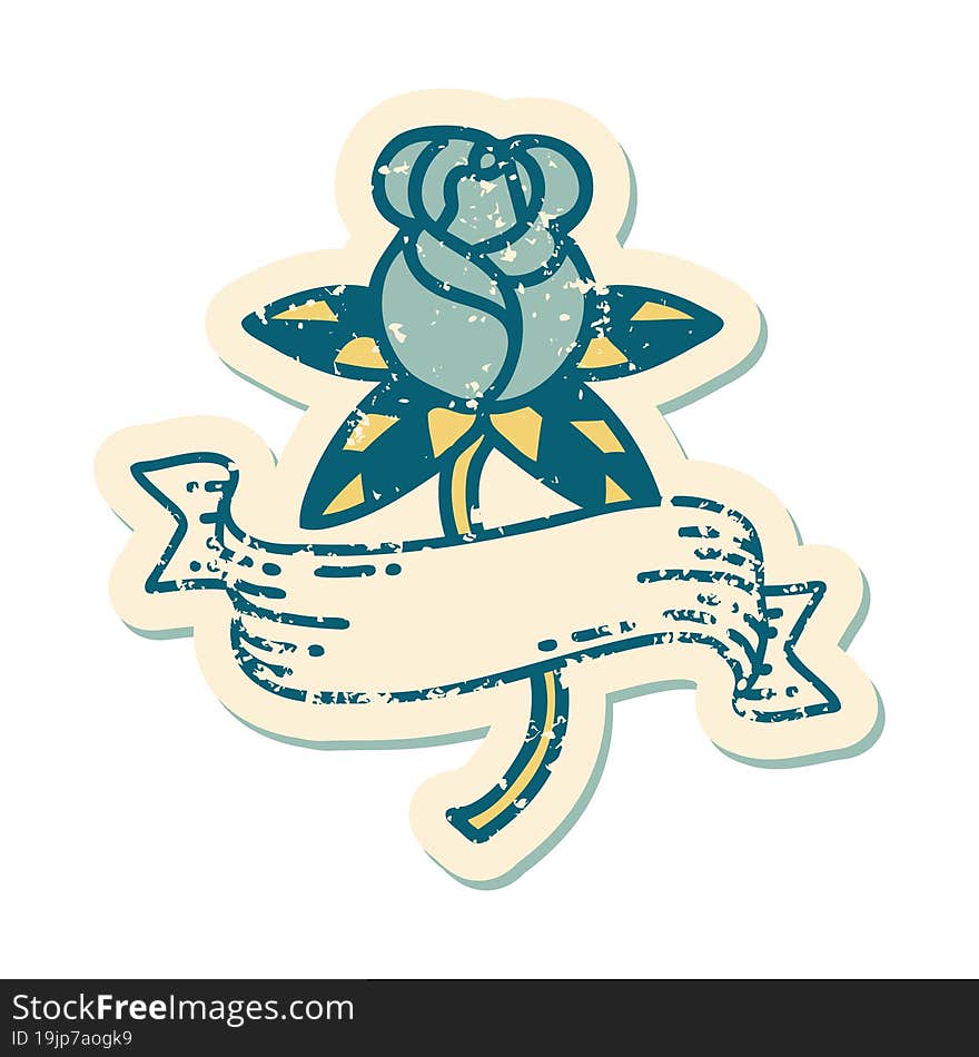 distressed sticker tattoo style icon of a rose and banner