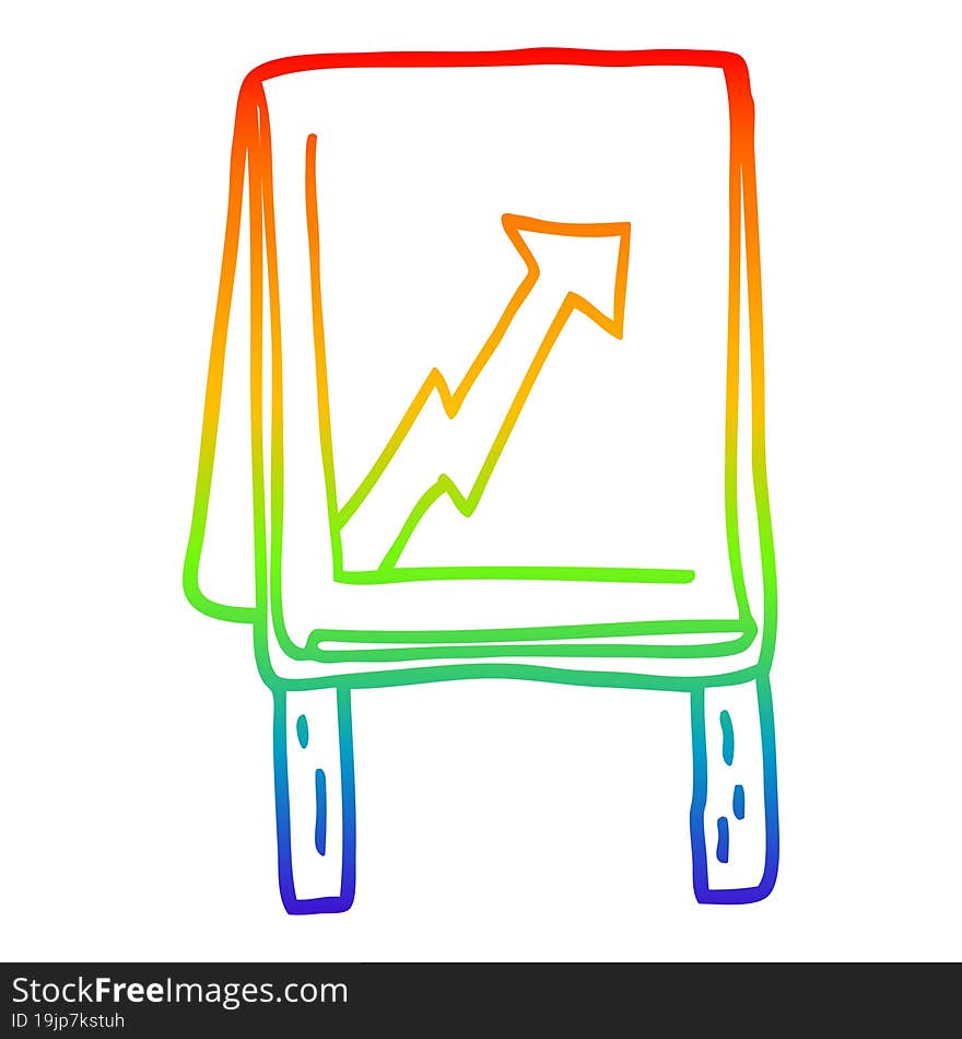 rainbow gradient line drawing of a cartoon business chart with arrow