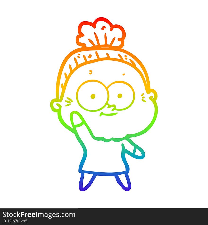 rainbow gradient line drawing of a cartoon happy old woman