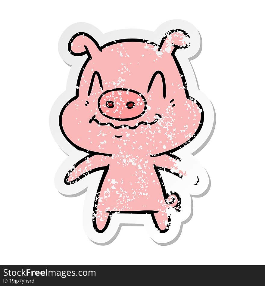 Distressed Sticker Of A Nervous Cartoon Pig