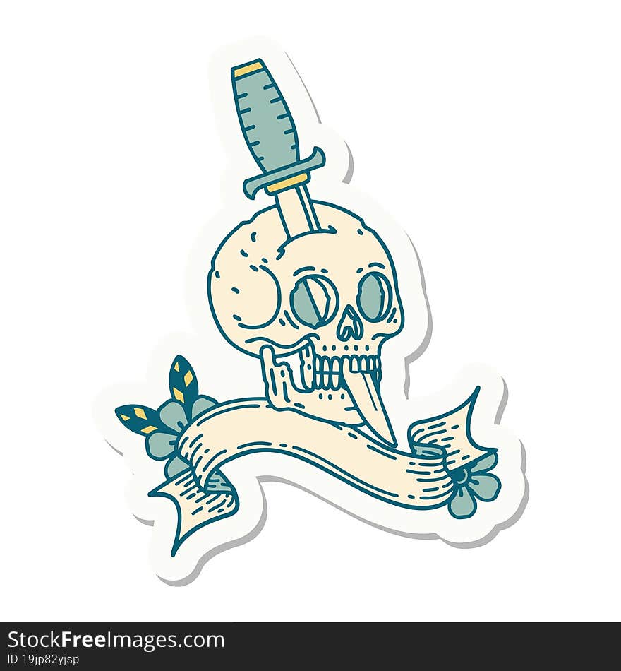 tattoo sticker with banner of a skull and dagger