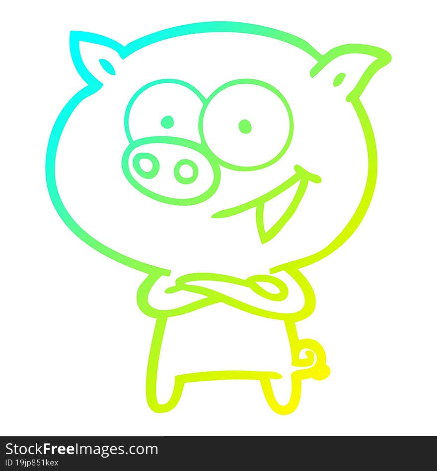 cold gradient line drawing of a cheerful pig cartoon