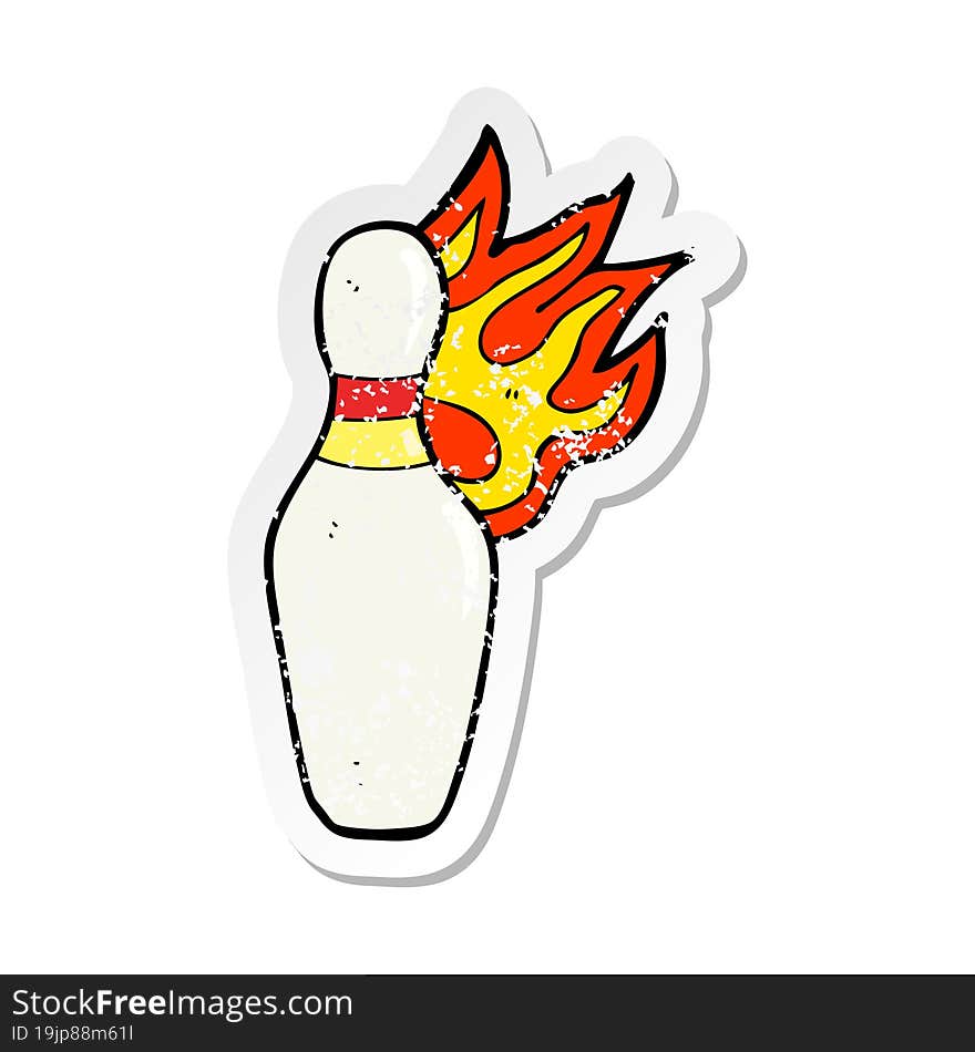 Retro Distressed Sticker Of A Cartoon Ten Pin Bowling Skittle On Fire