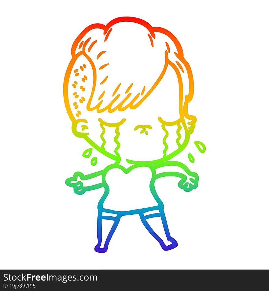 rainbow gradient line drawing of a cartoon crying girl