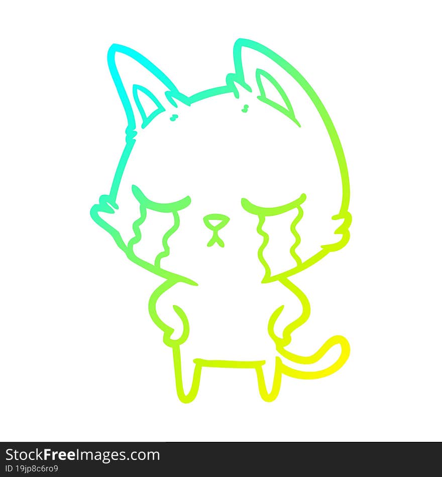 cold gradient line drawing of a crying cartoon cat