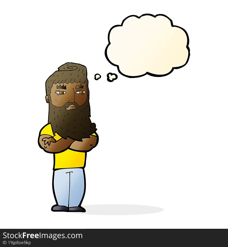 cartoon serious man with beard with thought bubble