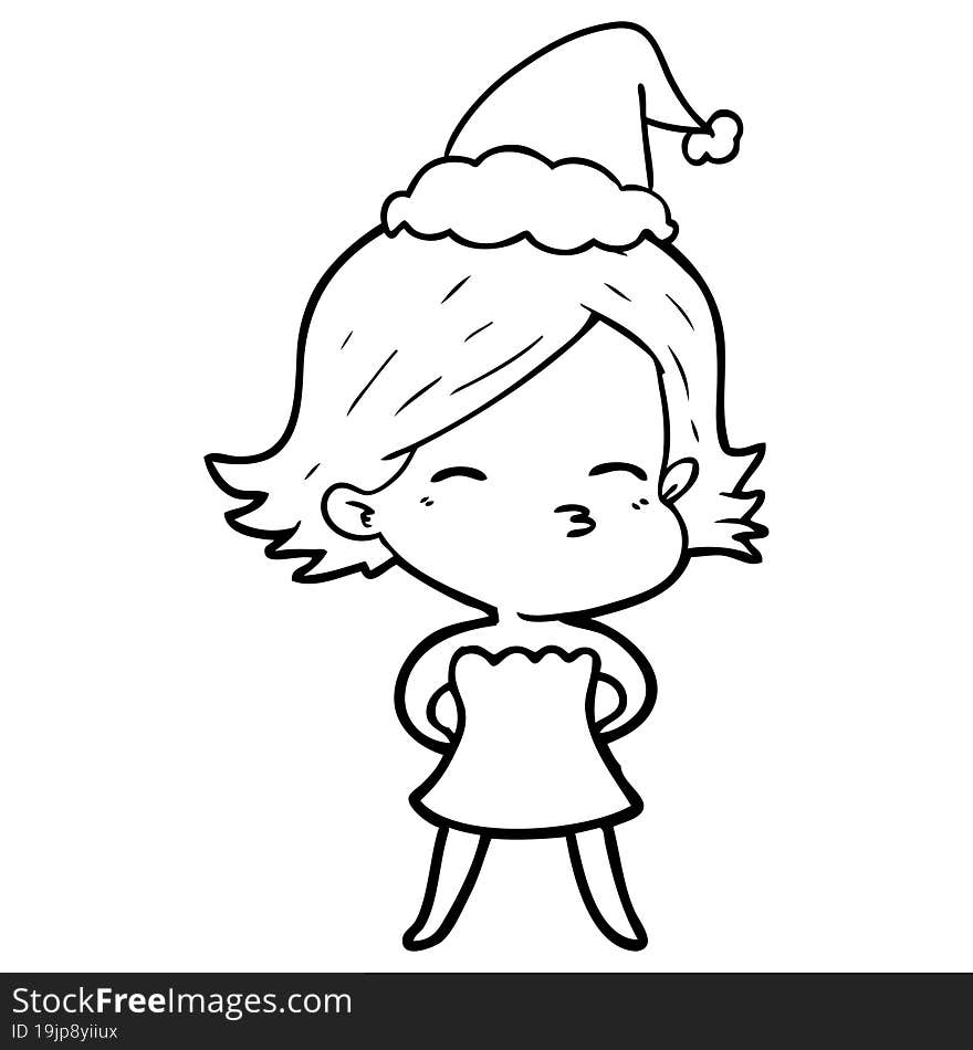 hand drawn line drawing of a woman wearing santa hat