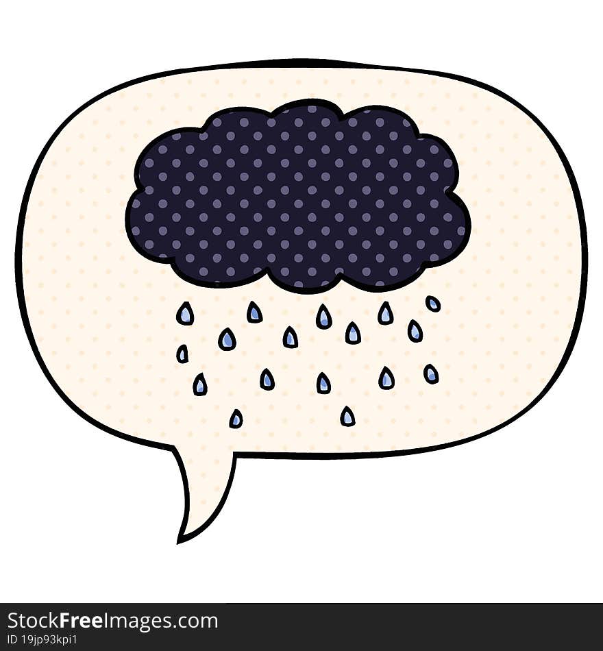 cartoon cloud raining and speech bubble in comic book style